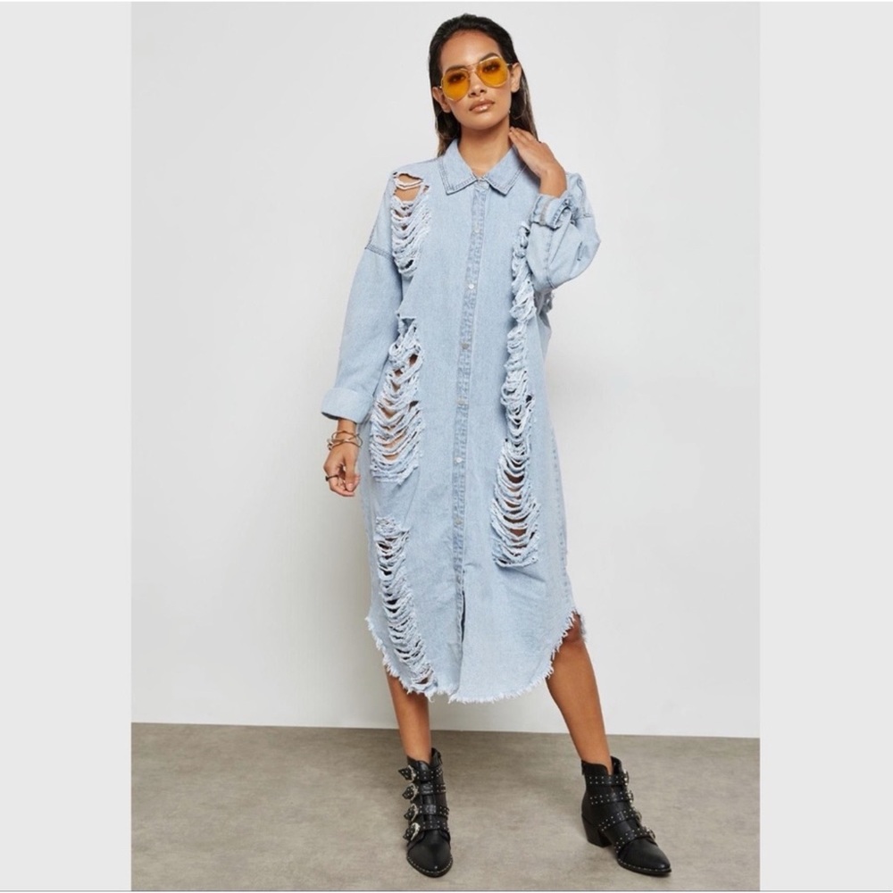 HIGHWAY JEANS Distressed Ripped Long Denim Jean Shirt Dress Duster Jacket Medium